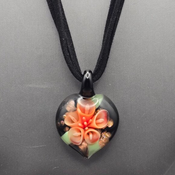 Murano Jewelry - Murano-Style Floral Foil Glass Pendant Necklace 16" Sterling Silver Velvet Cord